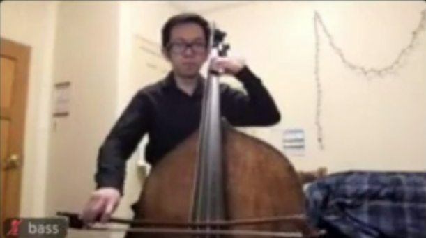 Stanford orchestra member using Jacktrip and recorded on Zoom