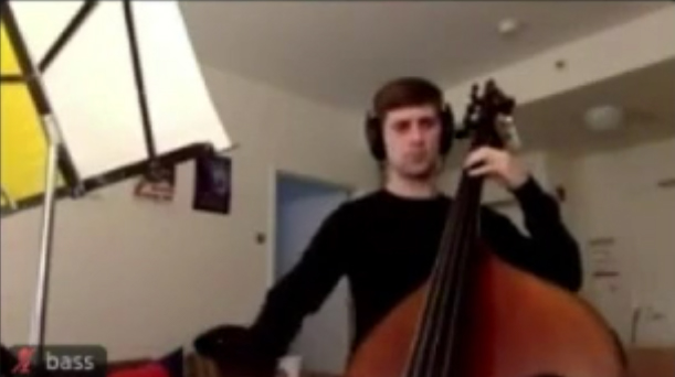 Stanford orchestra member using Jacktrip and recorded on Zoom