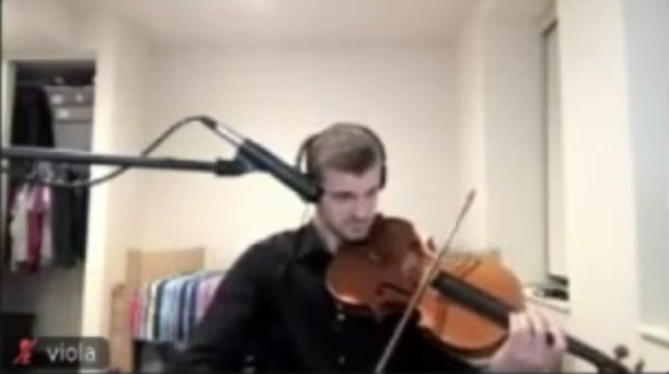 Stanford orchestra member using Jacktrip and recorded on Zoom