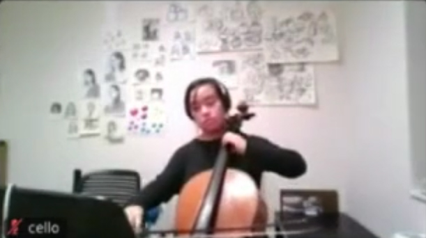 Stanford orchestra member using Jacktrip and recorded on Zoom